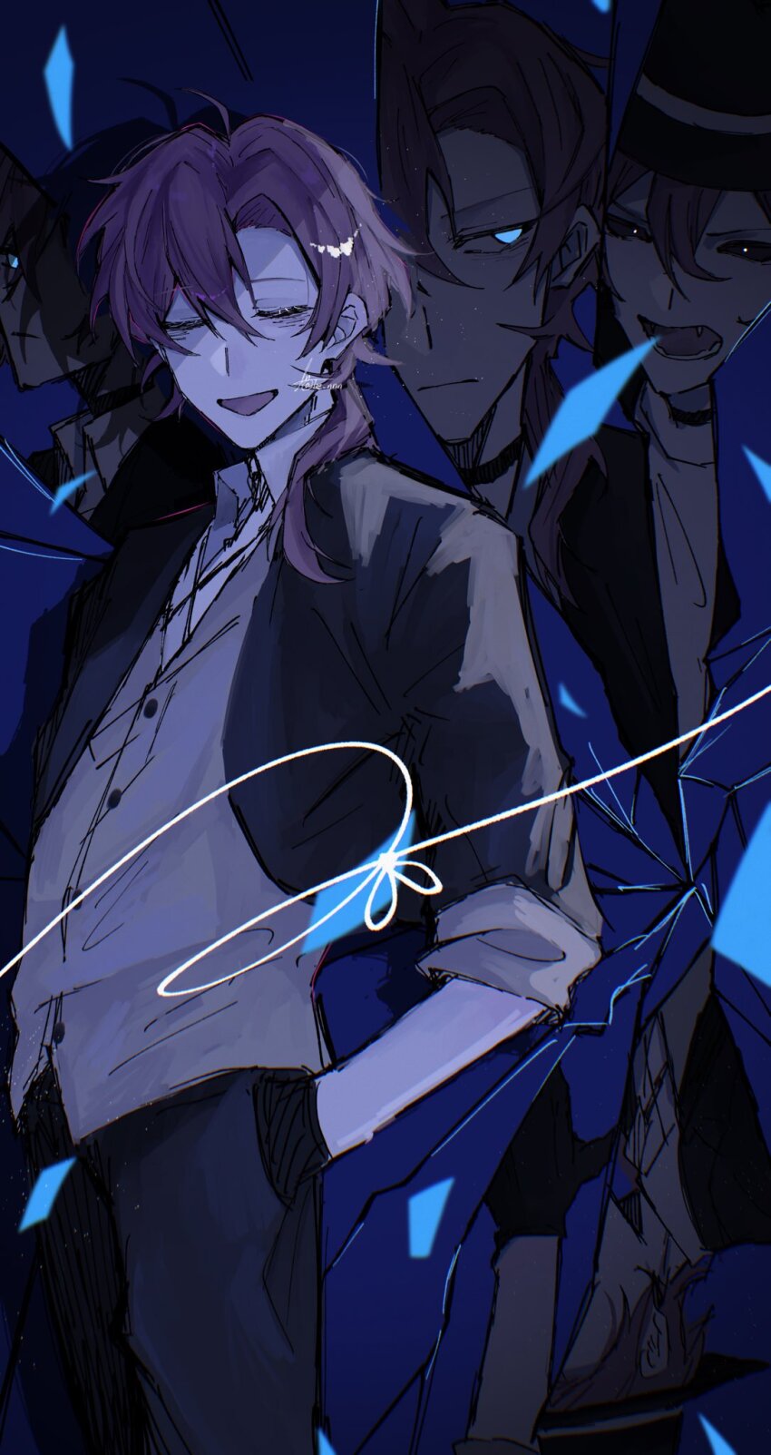 1boy black_gloves black_jacket black_pants black_sclera blue_background blue_eyes blue_theme broken_glass bungou_stray_dogs closed_eyes closed_mouth collared_shirt colored_sclera fang glass gloves hand_in_pocket highres jacket lie_nnn long_hair male_focus nakahara_chuuya open_mouth pants shirt sleeves_rolled_up smile sweatdrop white_shirt