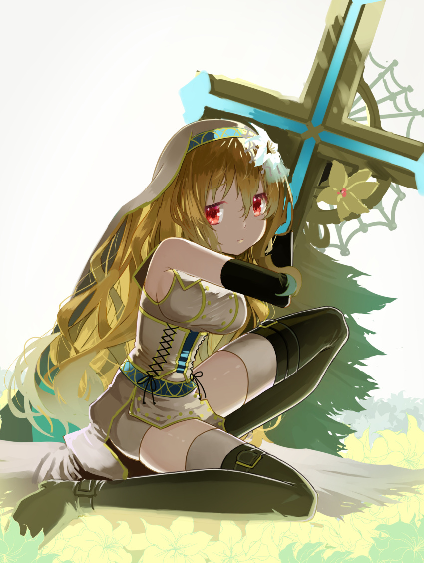 1girl black_thighhighs blonde_hair closed_mouth commentary_request cross dress from_side frown habit highres knee_up looking_at_viewer magia_record:_mahou_shoujo_madoka_magica_gaiden magical_girl mahou_shoujo_madoka_magica poa red_eyes short_dress simple_background sitting sleeveless sleeveless_dress solo thighhighs togame_momoko togame_momoko_(sister_ver.) white_background white_dress white_headwear