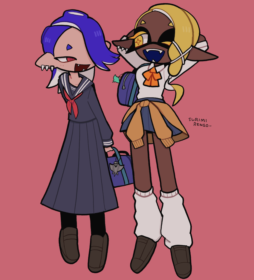 2girls arms_behind_head bag black_thighhighs blonde_hair blue_bag blue_hair blue_sailor_collar blue_serafuku blue_skirt bow brown_footwear cephalopod_eyes clothes_around_waist collared_shirt colored_eyelashes colored_mouth dark-skinned_female dark_skin earrings frye_(splatoon) frye_(young)_(splatoon) hair_ornament hair_over_one_eye highres holding holding_bag iiiichimaru_03 jewelry long_skirt loose_socks multiple_earrings multiple_girls neckerchief nintendo octoling one_eye_closed open_mouth orange_bow pointy_ears red_background red_neckerchief sailor_collar school_uniform serafuku sharp_teeth shirt shirt_around_waist shiver_(splatoon) shiver_(young)_(splatoon) simple_background skirt socks splatoon_(series) splatoon_3 teeth tentacle_hair thighhighs tooth_earrings white_shirt white_socks x_hair_ornament