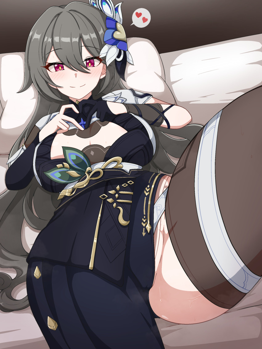 1girl absurdres bed black_gloves black_sleeves blush breasts brown_thighhighs cleavage cleavage_cutout closed_mouth clothing_cutout gloves grey_hair hair_ornament hair_spread_out heart heart_hands highres honkai_(series) honkai_impact_3rd large_breasts long_hair looking_at_viewer lying milliani on_back pillow purple_eyes single_glove single_thighhigh smile solo spoken_heart thighhighs very_long_hair vita_(honkai_impact) vita_(lone_planetfarer)_(honkai_impact) yellow_pupils