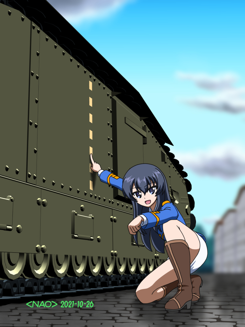 1girl blue_eyes blue_hair blue_jacket boots brown_footwear convenient_leg dated eclair_(girls_und_panzer) girls_und_panzer girls_und_panzer_gekitou!_maginot-sen_desu!! highres jacket long_hair maginot_military_uniform military_vehicle miniskirt motor_vehicle naotosi open_mouth pencil_skirt pointing shirt skirt smile tank thighs white_shirt white_skirt