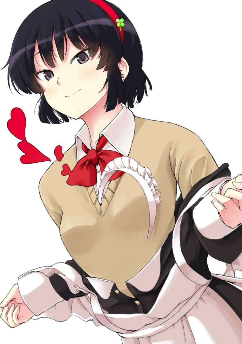 1girl apron between_breasts black_dress black_eyes black_hair bow bowtie breasts brown_cardigan cardigan closed_mouth clover collared_shirt commentary_request cover_image dress four-leaf_clover hairband heart highres kujou_meika long_sleeves looking_at_viewer maid maid_apron maid_headdress meika-san_wa_oshikorosenai red_bow red_bowtie red_hairband saitou_shouki school_uniform shirt short_hair simple_background small_breasts smile solo undressing upper_body white_apron white_background white_shirt