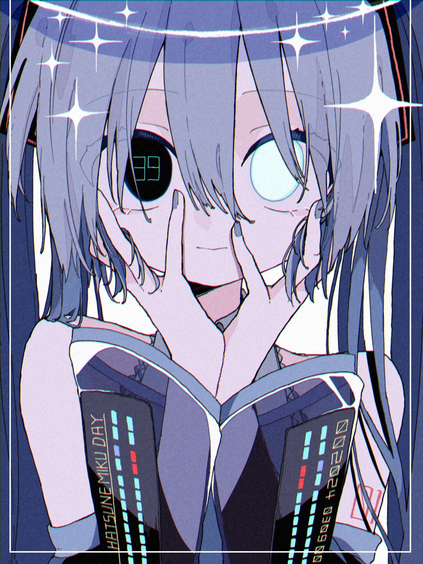 1girl 39 absurdres alternate_eye_color bare_shoulders black_eyes closed_mouth commentary dated dress grey_hair grey_nails grey_shirt hair_between_eyes hair_ornament halo hands_on_own_cheeks hands_on_own_face hatsune_miku hatsune_miku_(vocaloid3) heterochromia highres inset_border long_hair long_sleeves looking_at_viewer miku_day number_in_eye number_tattoo see-through_clothes see-through_sleeves shiro_kuro_(shirokuro_3939) shirt shoulder_tattoo sleeveless sleeveless_dress solo sparkle straight-on symbol-only_commentary tattoo twintails upper_body vocaloid white_eyes