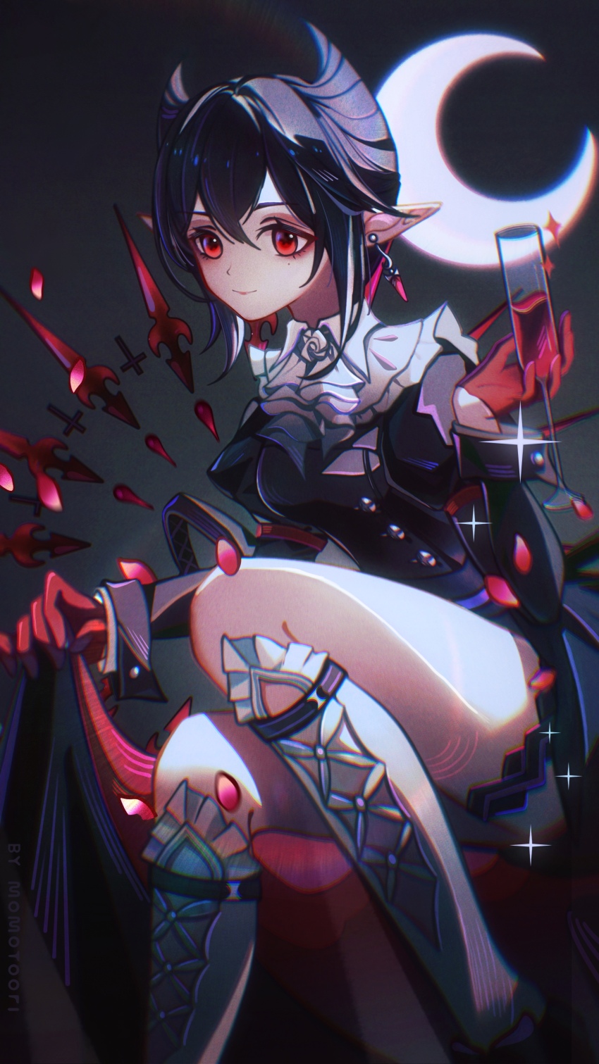 1girl absurdres arknights ascot black_dress black_hair champagne_flute chinese_commentary chromatic_aberration closed_mouth commentary_request crescent_moon cup dress drink drinking_glass earrings entelechia_(arknights) gloves hair_between_eyes hair_horns highres holding holding_drink jewelry kneehighs light_smile long_sleeves mole mole_under_eye momotoori moon pointy_ears red_eyes red_gloves short_hair sitting socks solo sparkle white_ascot white_socks