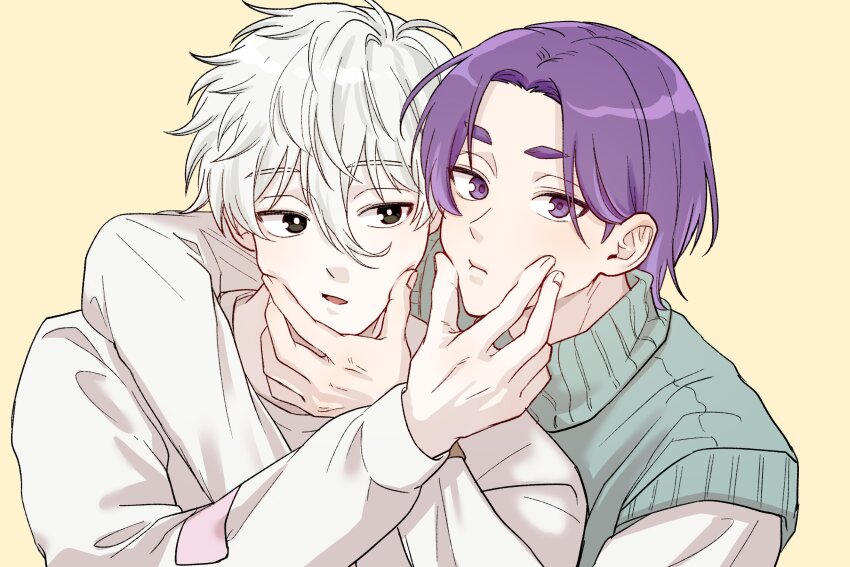 2boys 99reung :t arm_around_shoulder arm_up black_eyes blue_lock cheek_pinching commentary_request curtained_hair green_sweater hair_behind_ear hair_between_eyes hand_on_another&#039;s_face highres korean_commentary long_sleeves looking_at_another looking_to_the_side male_focus mikage_reo multiple_boys mutual_cheek_pinching nagi_seishirou pinching purple_eyes purple_hair shirt sideways_glance simple_background sweater upper_body white_hair white_shirt yellow_background