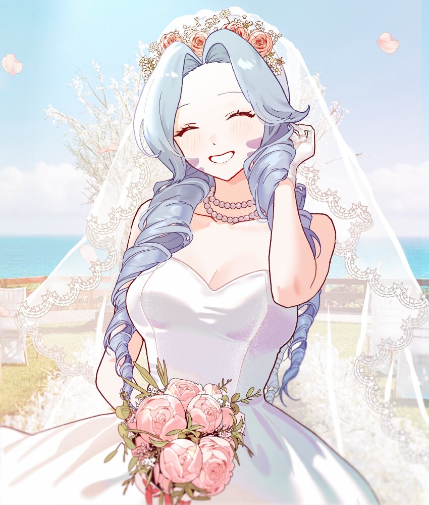 1girl ^_^ absurdres blue_hair blue_sky bouquet character_request closed_eyes copyright_request day dress drill_hair flower highres holding holding_bouquet jewelry long_hair nayu_come necklace outdoors pearl_necklace peony_(flower) sky smile solo veil wedding_dress white_dress white_veil