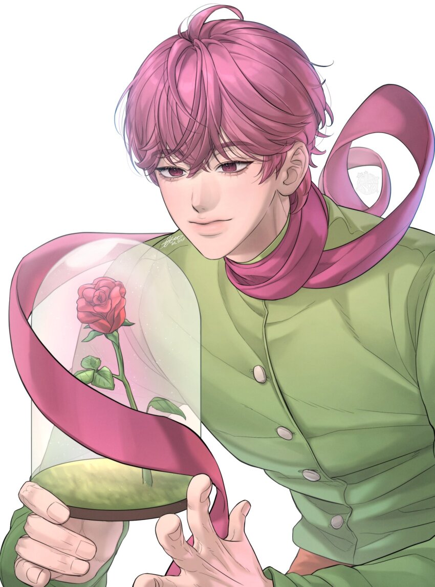 1boy an_sso_o bamby_(plave) closed_mouth flower green_shirt hair_between_eyes highres holding k-pop korean_commentary le_petit_prince looking_at_object male_focus pink_eyes pink_hair pink_scarf plave red_flower red_rose rose scarf shirt short_hair simple_background smile solo white_background