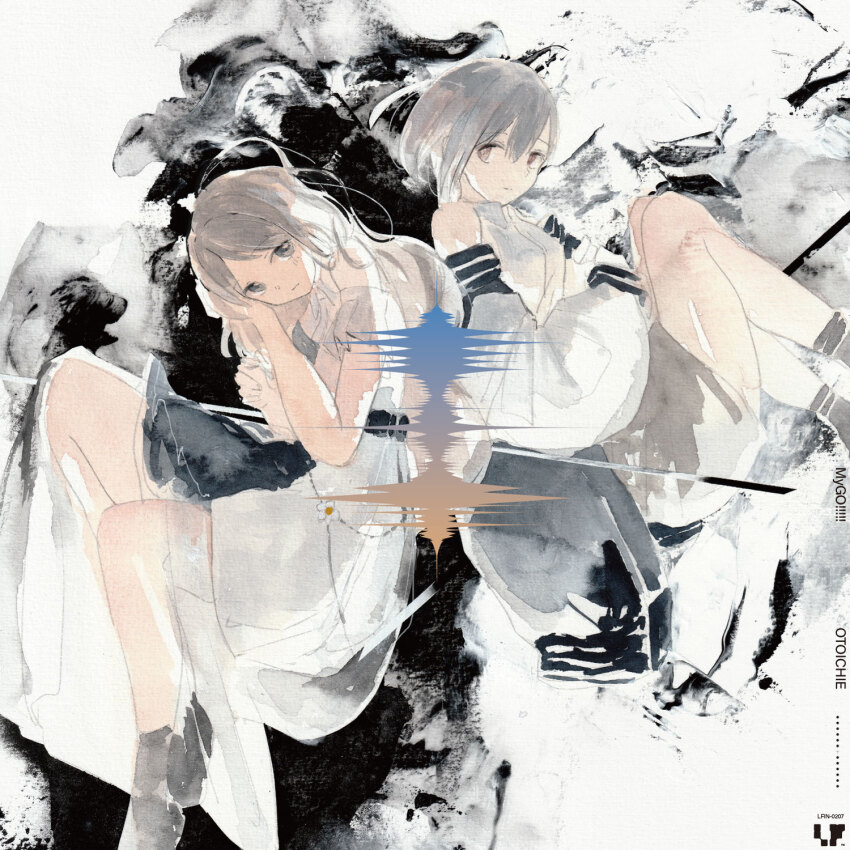2girls album_cover bang_dream! bang_dream!_it&#039;s_mygo!!!!! blue_eyes blue_jacket brown_eyes brown_hair commentary cover english_commentary grey_hair grey_skirt highres jacket kushima_yu long_hair long_sleeves multiple_girls nagasaki_soyo painting_(medium) shirt short_hair skirt takamatsu_tomori traditional_media watercolor_(medium) white_background white_shirt