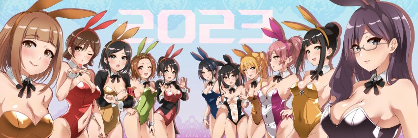 2023 6+girls absurdres alternate_costume animal_ears bare_shoulders blush bow bowtie character_request check_copyright closed_mouth clothing_cutout commentary_request copyright_request covered_navel cowboy_shot detached_collar fake_animal_ears glasses green_eyes hamaguchi_ayame harada_miyo hayami_kanade heart highres honda_mio idolmaster idolmaster_cinderella_girls jougasaki_mika jougasaki_rika kitami_yuzu leotard licking_lips lineup looking_at_viewer looking_to_the_side multiple_girls murabito_c namba_emi navel_cutout open_mouth oversized_breast_cup playboy_bunny rabbit_ears semi-rimless_eyewear smile standing strapless strapless_leotard sunazuka_akira teeth tongue tongue_out under-rim_eyewear upper_body upper_teeth_only waving wrist_cuffs yagami_makino