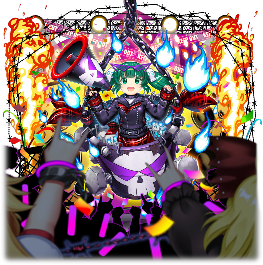3girls alternate_costume belt black_collar black_gloves black_jacket blonde_hair blurry blurry_foreground blush bucket chain collar confetti cuffs eyewear_on_head fingerless_gloves fire game_cg gloves glowstick green_eyes green_hair hair_ornament highres hitodama holding holding_megaphone hoshiguma_yuugi in_bucket in_container jacket kisume kisume_(whisper_amplification_bucket) kurodani_yamame long_sleeves megaphone multiple_girls official_art open_mouth purple-framed_eyewear red_skirt rotte_(1109) shackles shirt short_hair short_twintails skirt skull skull_hair_ornament skull_print smile solo_focus sunglasses third-party_source touhou touhou_lostword transparent_background twintails white_shirt