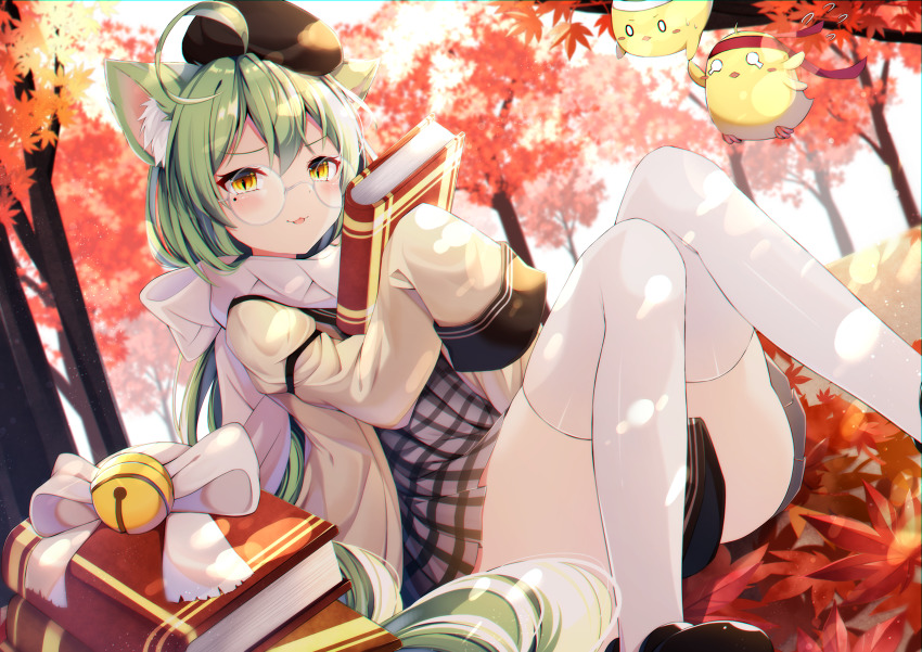 1girl :3 absurdres ahoge akashi_(azur_lane) akashi_(welcome_to_azurcon!)_(azur_lane) animal_ear_fluff animal_ears ass autumn autumn_leaves azur_lane bell beret bird black_headwear book book_stack brown_jacket cat_ears cat_girl cat_tail chick dress dutch_angle female_focus forest glasses green_hair grey_dress hat headband highres huge_filesize jacket jingle_bell knees_up leaf long_hair long_sleeves looking_at_viewer manjuu_(azur_lane) maple_leaf mole mole_under_eye nature open_clothes open_jacket outdoors plaid_clothes plaid_dress round_eyewear scarf shiira_(nya_rl) sitting sleeves_past_fingers sleeves_past_wrists slit_pupils solo sunlight tail thighhighs tongue tongue_out tree very_long_hair white_thighhighs yellow_eyes