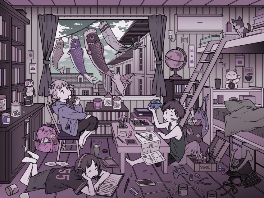 1girl 2boys absurdly_detailed_composition air_conditioner animal armor bag bandaid bandaid_on_cheek bandaid_on_face bed book bookshelf bunk_bed butterfly_hair_ornament cat cd chair charging_device child controller dog eating eraser game_controller gloves hair_ornament head_rest headphones helmet holding holding_toy japanese_armor kabuto_(helmet) kagei_eru koinobori limited_palette loaded_interior lying maneki-neko multiple_boys on_chair on_floor on_stomach one_eye_closed original pillow pink_bag pliers short_twintails sitting toy toy_car toy_robot trash_can twintails unworn_bag unworn_headwear unworn_helmet window windsock wooden_floor