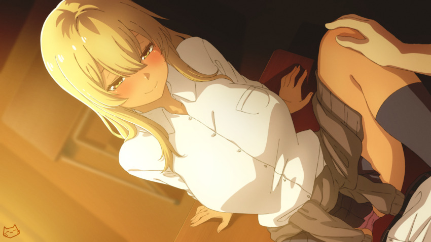 1boy 1girl black_skirt black_socks blonde_hair breasts closed_mouth crotch_seam desk higa_kana highres indoors keihh kneehighs large_breasts long_hair okinawa_de_suki_ni_natta_ko_ga_hougen_sugite_tsurasugiru panties pink_panties school_desk shirt skirt smile socks spread_legs underwear white_shirt yellow_eyes