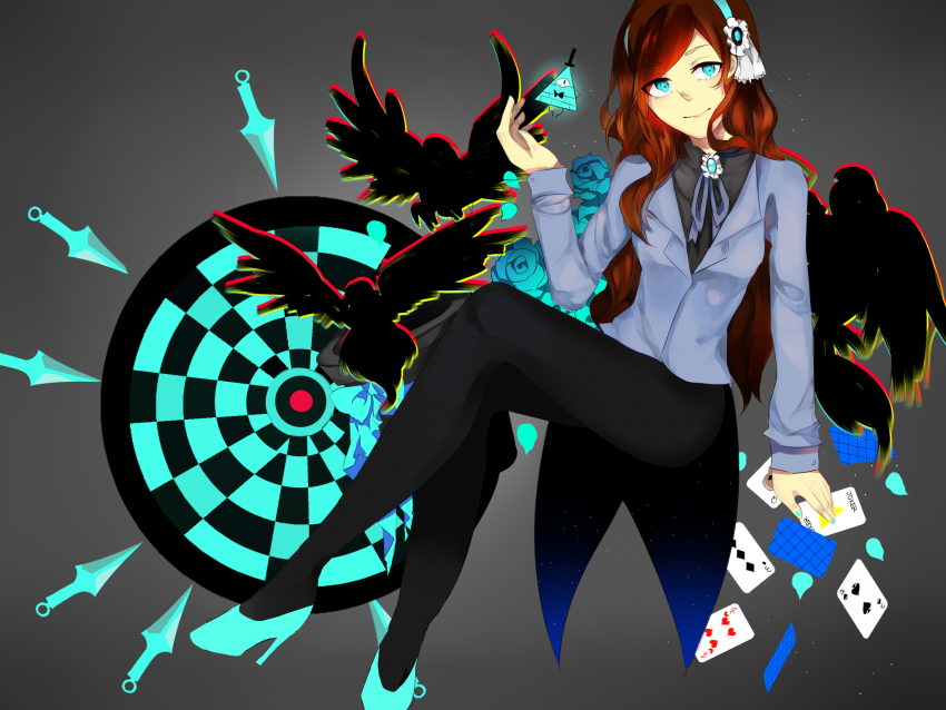 1girl aqua_eyes aqua_vest bill_cipher bird blue_flower blue_rose breasts brooch brown_hair card crow dark_persona fishnet_pantyhose fishnets flower formal_clothes gem gloves glowing_jewelry gravity_falls hair_ornament hairband highres hokima jewelry kunai long_hair mabel_gleeful mabel_pines pantyhose playing_card rose swept_bangs target vest weapon will_cipher