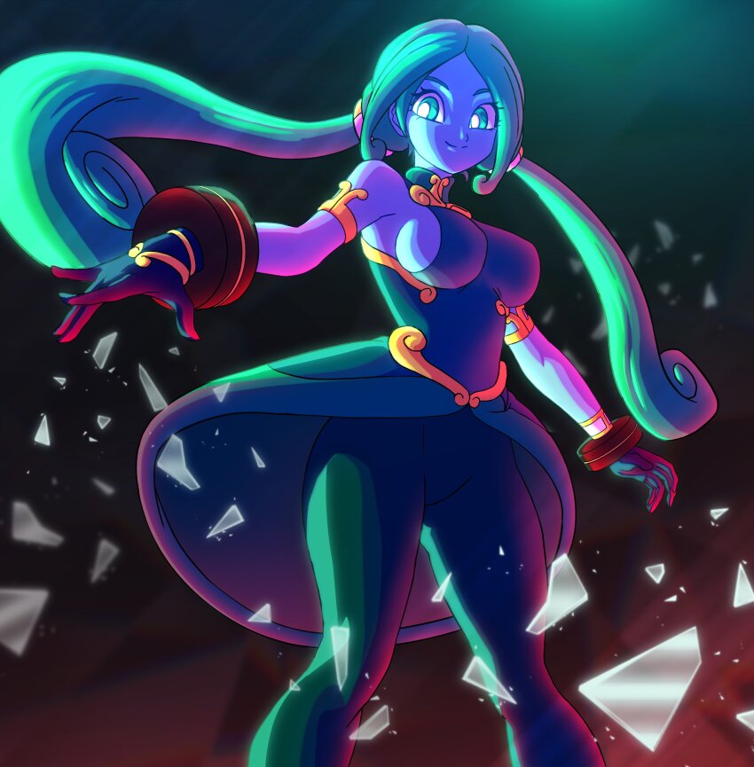 1girl absurdres aqua_dress aqua_eyes aqua_hair aqua_leggings aqua_skin blurry blurry_background breasts bright_pupils broken_glass colored_skin commentary depth_of_field dragon_ball dragon_ball_heroes dress english_commentary floating_clothes floating_hair glass gloves gold_armlet gold_trim highres lagss_(dragon_ball) looking_to_the_side low_twintails parted_bangs pea-bean sideboob sideboob_cutout sleeveless sleeveless_dress smile solo twintails white_pupils