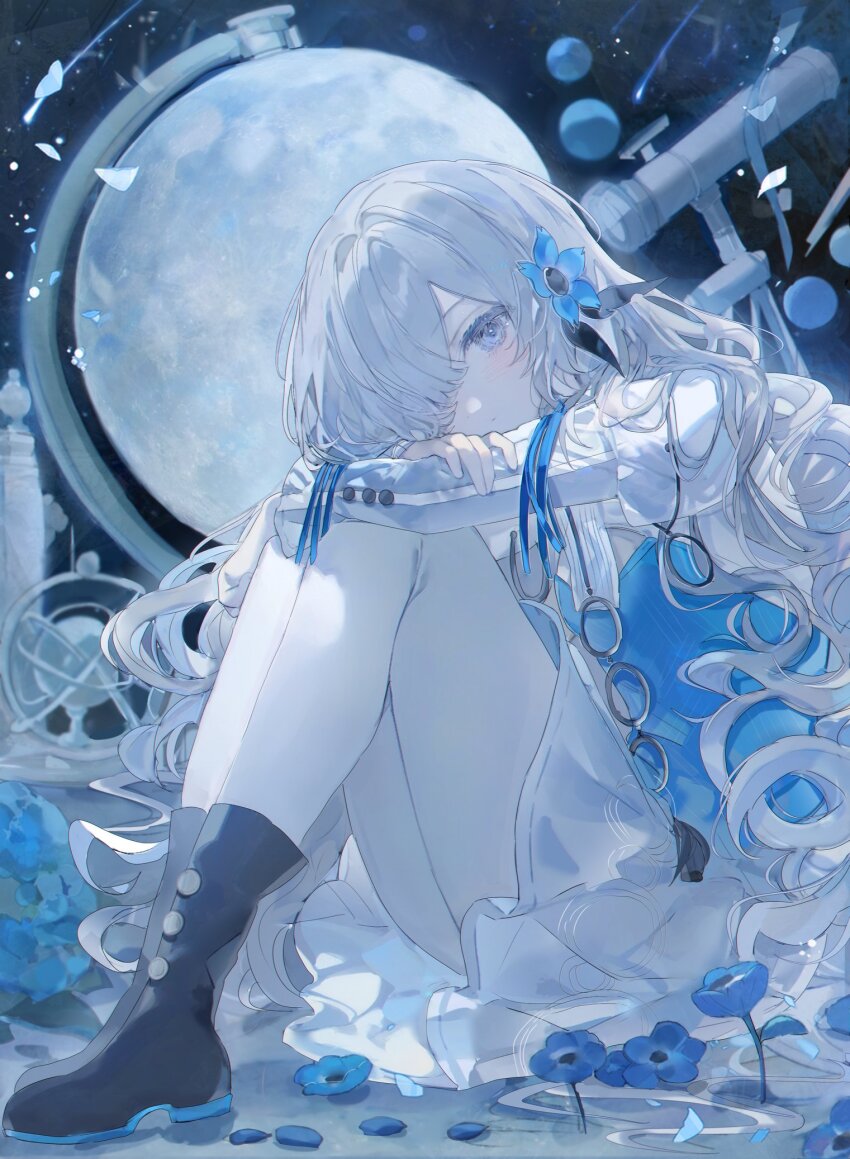1girl anemone_(flower) artist_request black_boots black_ribbon blue_dress blue_flower boots buttons celestial_globe commentary curly_hair dress expressionless falling_petals floral_background flower full_body globe grey_eyes hair_flower hair_ornament hair_over_one_eye hair_ribbon head_rest highres isekaijoucho kamitsubaki_studio long_hair long_sleeves looking_at_viewer moon multicolored_clothes o-ring on_floor pantyhose petals ribbon second-party_source shooting_star sitting solo space star_(sky) telescope two-tone_dress very_long_hair virtual_youtuber white_dress white_hair white_pantyhose