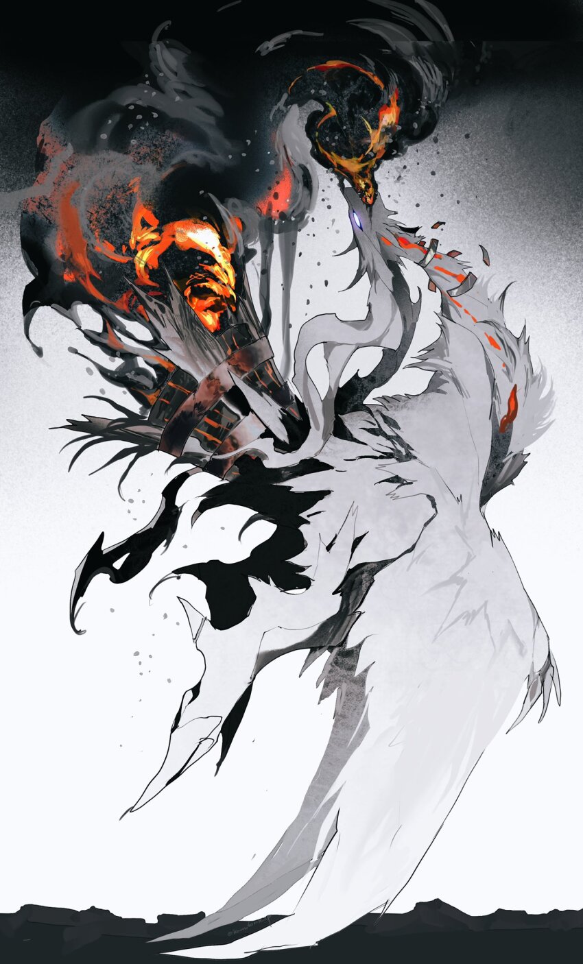 blue_eyes breaking breath_weapon breathing_fire dragon feathers film_grain fire gen_5_pokemon glowing glowing_eyes gradient_background highres kamikiririp legendary_pokemon nintendo no_humans open_mouth pokemon pokemon_(creature) pokemon_focus reshiram smoke white_background white_feathers white_fur white_wings wings