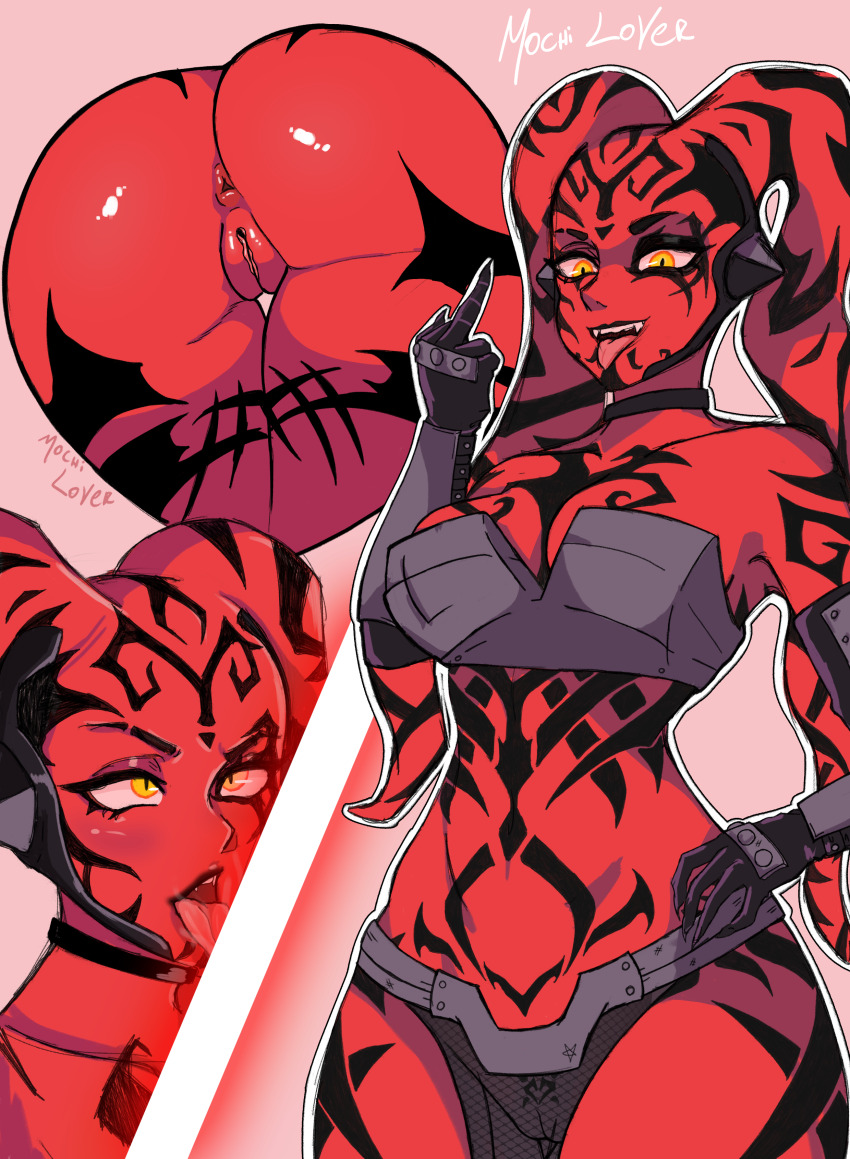 1girl absurdres alien anus artist_name ass black_choker black_gloves blush bra breasts choker cleavage cleft_of_venus colored_skin curvy darth_talon energy_sword evil_smile gesture gloves hand_on_own_hip highres holding holding_sword holding_weapon huge_ass lekku_(anatomy) lightsaber markings middle_finger mochi_lover multiple_views navel open_mouth outline pelvic_curtain pink_background pussy red_skin simple_background smile star_wars sword tattoo teeth tongue tongue_out twi&#039;lek uncensored underwear upper_teeth_only weapon white_outline wide_hips yellow_eyes