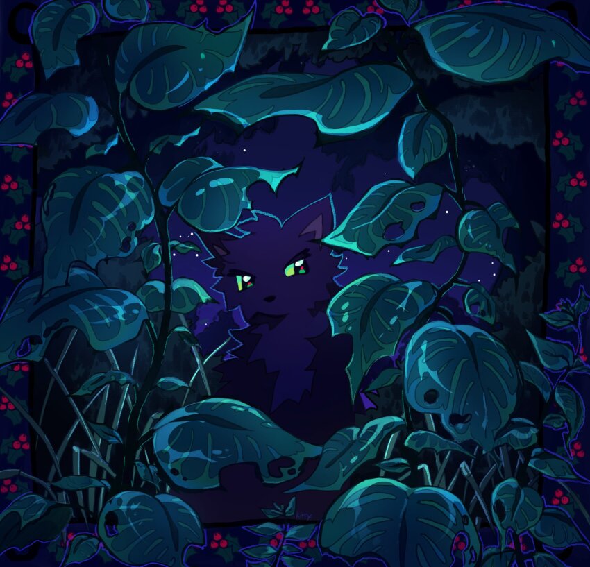 animal animal_focus berry black_cat cat commentary green_eyes highres holly hollyleaf kitty_(fernwhisker) leaf looking_at_viewer night night_sky no_humans outdoors plant power_of_three sky warrior_cats