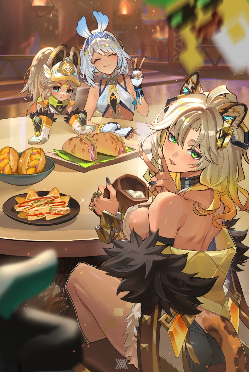 3girls animal_ears back backboob black_nails blonde_hair blue_eyes blue_hairband blurry blurry_background braid breasts chair chinchilla_ears chinchilla_girl closed_mouth commentary commentary_request cup cutoffs denim denim_shorts food from_above fur-lined_gloves fur-trimmed_mittens fur_trim genshin_impact green_eyes hairband hawaiian_clothes high-waist_shorts highres holding holding_cup indoors jaguar_ears jaguar_girl jaguar_tail jewelry kachina_(genshin_impact) large_breasts looking_back low_twin_braids mittens mualani_(genshin_impact) multiple_girls multiple_rings niwaka_(niwaka_byakko) peace_symbol plate ponytail ring shorts sideboob sitting smile table taco tail tan tray twin_braids v vision_(genshin_impact) visor_cap white_hair white_visor xilonen_(genshin_impact)