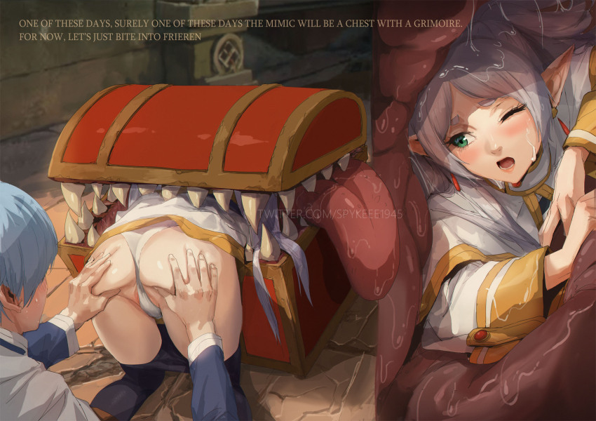 1boy 1girl ass black_pantyhose blue_hair capelet clothes_pull commentary elf english_text frieren frieren_stuck_in_a_mimic_(meme) grabbing_another&#039;s_ass green_eyes grey_hair groping hetero highres himmel_(sousou_no_frieren) light_blue_hair long_hair meme mimic mimic_chest one_eye_closed panties pantyhose pantyhose_pull parted_bangs partially_visible_vulva pervert pointy_ears rape saliva sousou_no_frieren spread_pussy spread_pussy_under_clothes spykeee stuck symbol-only_commentary treasure_chest twintails underwear vore white_capelet white_panties