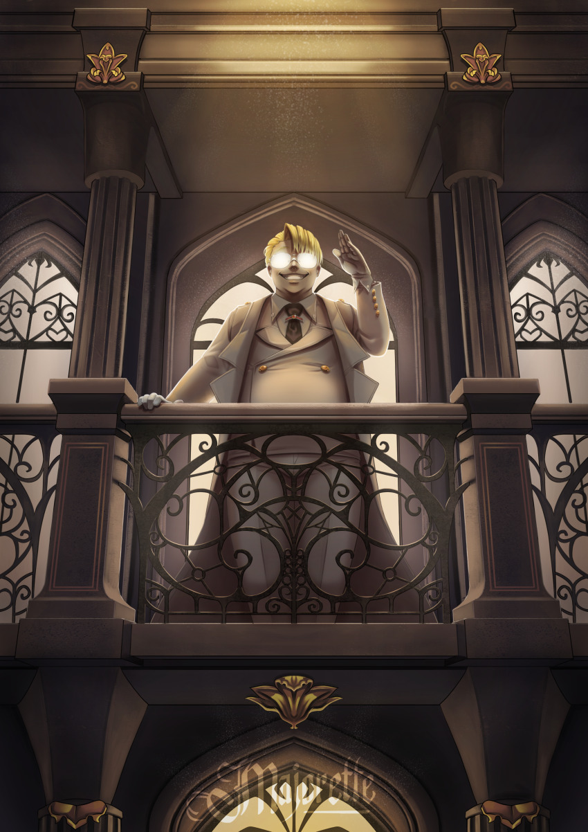 1boy absurdres art_deco artist_name balcony blonde_hair coat glasses gloves grin hand_on_railing hand_up hellsing highres major_(hellsing) majorette_(artist) male_focus necktie obscured_eyes short_hair smile solo white_coat white_gloves