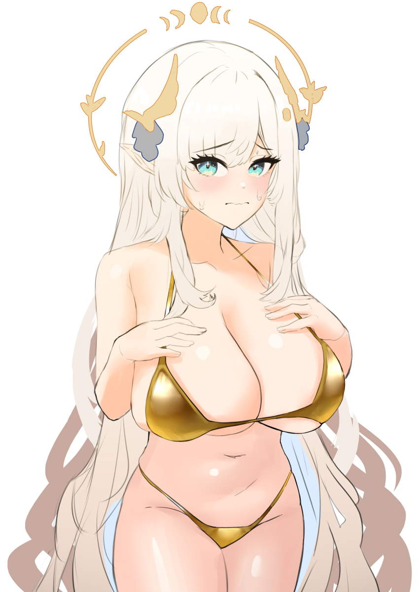 1girl bikini blue_eyes breasts cleavage gold_bikini hair_ornament halo hand_on_own_chest heiz_illust highres hikanari_hina large_breasts long_hair phase_connect pointy_ears swimsuit virtual_youtuber wing_hair_ornament