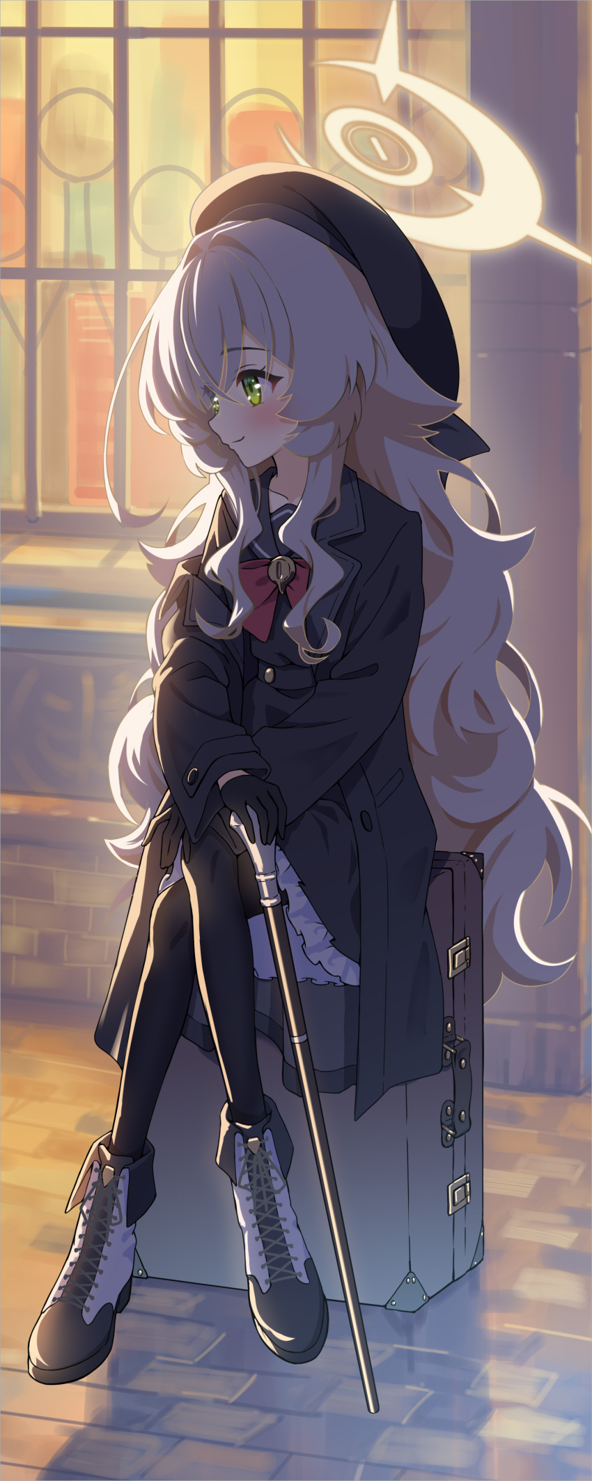 1girl absurdres beret black_coat black_dress black_gloves black_hat black_pantyhose black_sailor_collar blue_archive blush cane closed_mouth coat dress gloves green_eyes halo hat highres long_hair pantyhose professor_niyaniya_(blue_archive) sailor_collar smile solo yellow_halo yorshka517