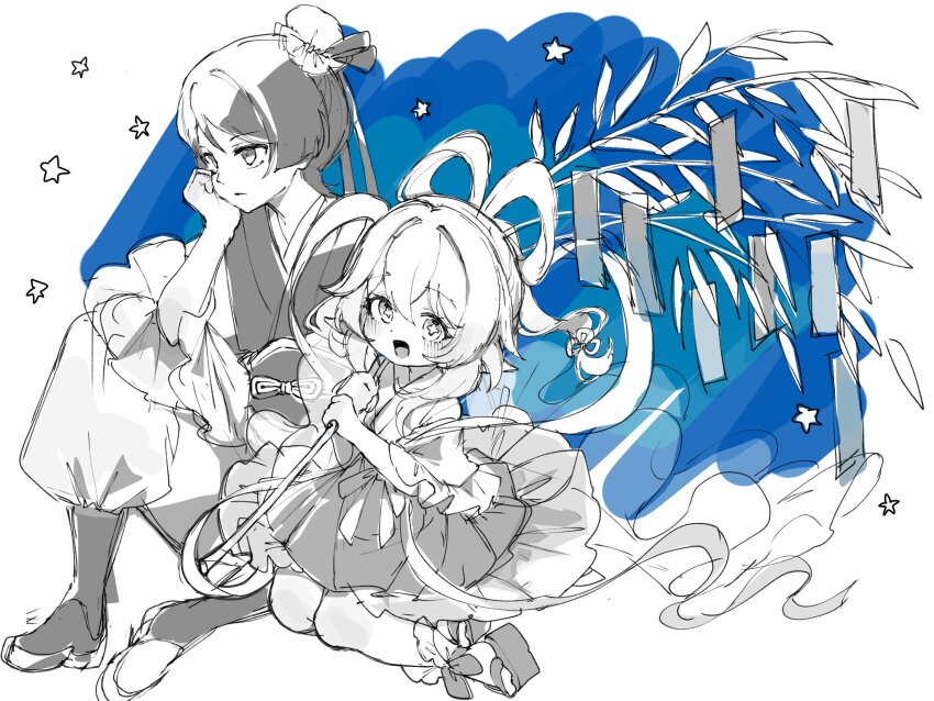 1boy 1girl alternate_costume alternate_hairstyle bamboo blunt_ends blush boots chinese_knot clenched_hands closed_mouth cosplay cross-shaped_pupils elbow_on_thigh frilled_skirt frilled_sleeves frilled_socks frills full_body genshin_impact greyscale greyscale_with_colored_background hagoromo hair_between_eyes hair_bun hair_rings hair_tie hand_on_own_face highres hikoboshi hikoboshi_(cosplay) holding holding_plant japanese_clothes juban kimono kingyo_(nyankomanjyuu15) knee_up looking_at_viewer looking_to_the_side monochrome nahida_(genshin_impact) nihongami obiage okobo open_mouth orihime_(tanabata) orihime_(tanabata)_(cosplay) pants plant platform_sandals pleated_skirt pointy_ears puffy_pants sandals sash scaramouche_(genshin_impact) see-through_clothes shawl short_sleeves sitting sketch skirt socks symbol-shaped_pupils tabi tanabata tanzaku tareme the_weaver_girl_and_the_cowherd three-quarter_sleeves wide_sleeves yokozuwari