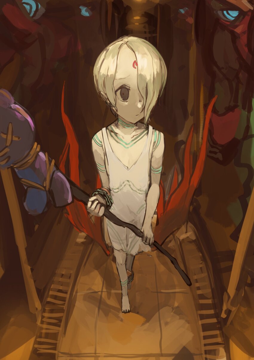 1girl anklet barefoot blonde_hair bracelet breath_of_fire breath_of_fire_v closed_mouth dress facial_mark full-body_tattoo full_body hair_over_one_eye highres holding holding_staff jewelry monster nina_(breath_of_fire_v) red_wings see-through_clothes short_hair solo staff tattoo weapon white_dress wings yorurokujuu