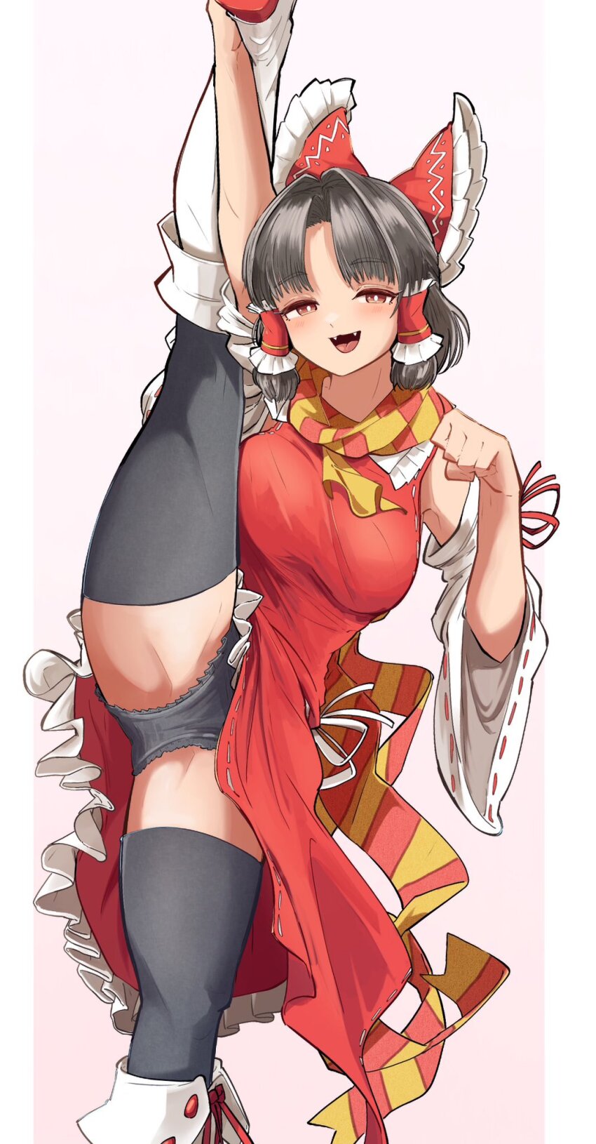 1girl ascot benikurage_(cookie) black_hair black_panties black_thighhighs blush boots bow breasts brown_eyes checkered_clothes checkered_scarf cookie_(touhou) detached_sleeves dress fangs feet_out_of_frame frilled_bow frilled_dress frilled_hair_tubes frills hair_bow hair_tubes hakurei_reimu highres looking_at_viewer medium_breasts odoro_(nicoseiga81184094) open_mouth orange_scarf panties parted_bangs paw_pose pink_background red_bow red_dress ribbon-trimmed_sleeves ribbon_trim scarf sidelocks sleeveless sleeveless_dress smile solo split standing standing_on_one_leg standing_split thighhighs tongue tongue_out touhou two-tone_background underwear white_background white_boots white_sleeves yellow_ascot yellow_scarf