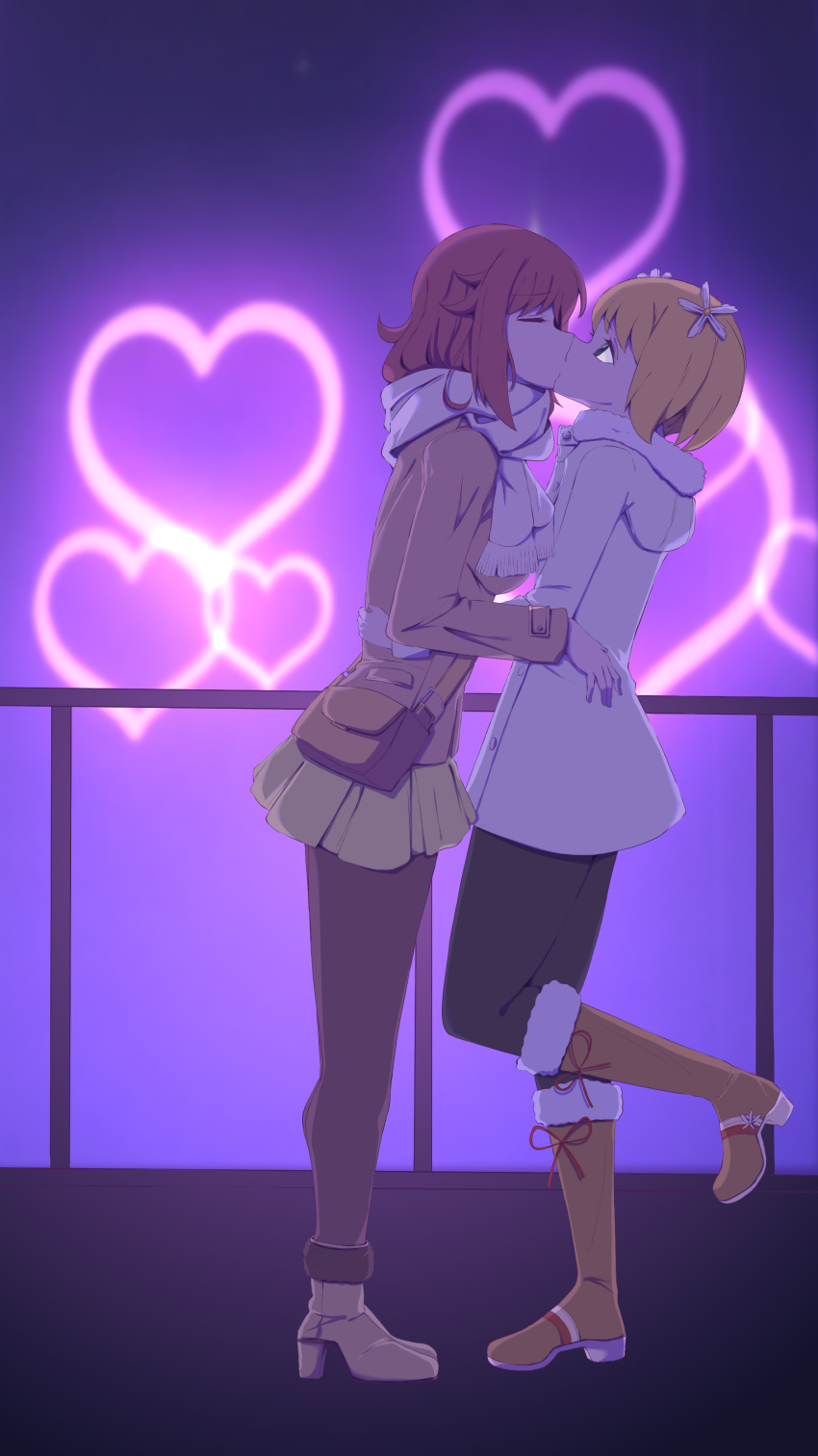 2girls absurdres blonde_hair blue_eyes blush breasts closed_eyes couple flower full_body hair_flower hair_ornament heart highres hug kiss miniskirt multiple_girls red_hair sakura_trick scarf short_hair skirt small_breasts sonoda_yuu standing takayama_haruka yellow_skirt yuri yuriyurisuki