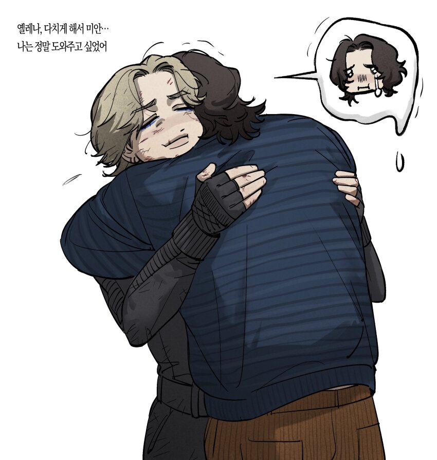 1boy 1girl absurdres animification back belt black_belt black_bodysuit black_eyes black_gloves black_hair blonde_hair blue_shirt bodysuit brown_pants closed_eyes closed_mouth commentary_request crying crying_with_eyes_open fingerless_gloves gloves highres hug korean_commentary korean_text lips long_sleeves marvel marvel_cinematic_universe messy_hair pants pocket puffy_long_sleeves puffy_sleeves sad sentry_(marvel) shirt short_hair smile spoken_character standing striped_clothes striped_pants striped_shirt superhero_costume tears thunderbolts_(movie) translation_request vertical-striped_clothes vertical-striped_pants yelena_belova yellinoutdggt