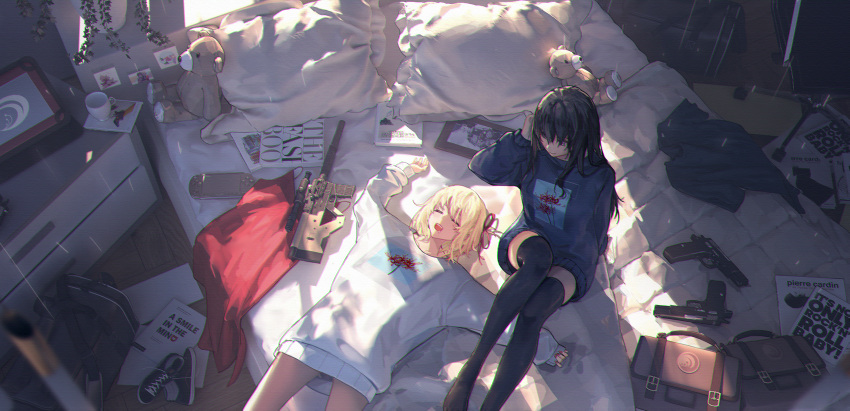 2girls absurdres bag black_hair black_thighhighs blonde_hair closed_eyes cup cz_75 gun handgun highres indoors inoue_takina looking_at_another lycoris_recoil lying mug multiple_girls nishikigi_chisato on_back on_bed open_mouth purple_eyes q_pulan scope shoes sleeping sunlight thighhighs thighs unworn_bag unworn_shoes weapon yuri