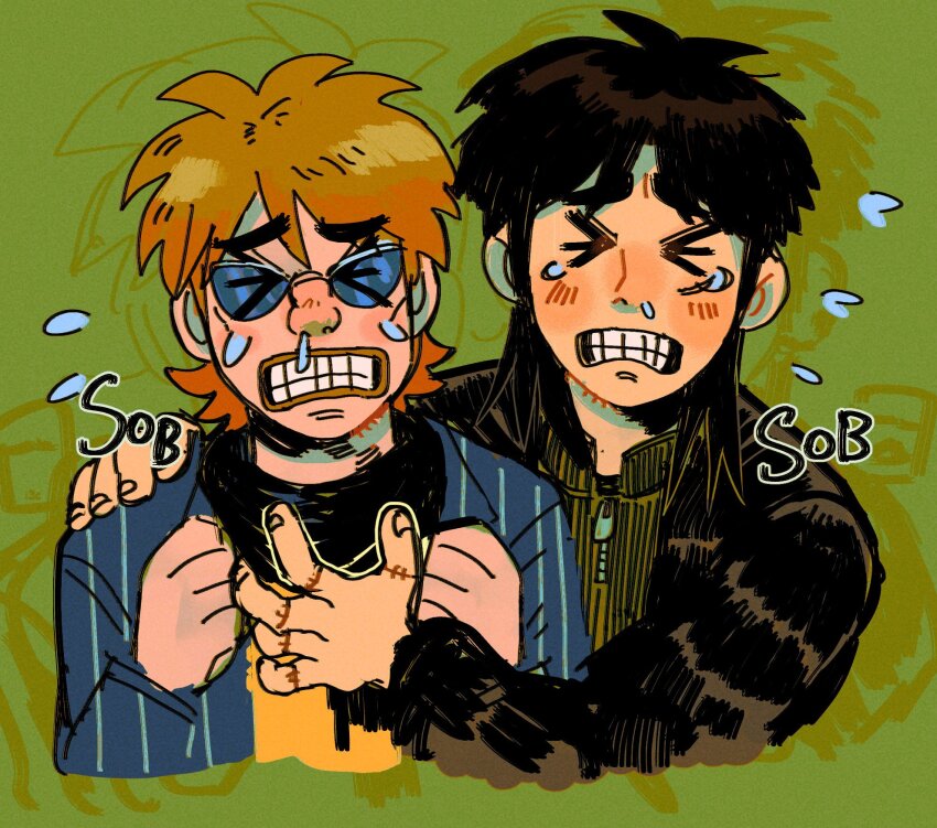 &gt;_&lt; 2boys black_coat black_hair black_scarf blue-tinted_eyewear blue_jacket brown_hair clenched_teeth closed_eyes coat commentary crying english_commentary facial_scar green_background green_sweater highres hyoudou_kazuya itou_kaiji jacket kaiji long_hair long_sleeves male_focus multiple_boys puffy_coat scar scar_on_cheek scar_on_face scar_on_hand scarf short_hair snot sweater teeth tinted_eyewear tzk6996 upper_body