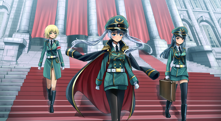 3girls absurdres arched_window black_coat black_footwear black_hair black_legwear blonde_hair blue_eyes boots brown_eyes building coat coat_on_shoulders gloves green_eyes green_headwear green_jacket hat highres jacket kk90 long_hair long_sleeves military military_dress_uniform military_jacket military_uniform multiple_girls original pantyhose peaked_cap short_hair silver_hair stairs stone_stairs thighhighs twintails two-sided_coat two-sided_fabric white_gloves window