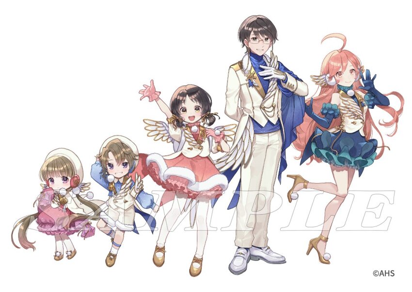 2boys 3girls :d ahoge arm_up beret black_eyes black_hair blue_gloves blue_shirt brown_hair cherico child closed_mouth commentary_request copyright_notice double_bun dress elbow_gloves foot_up frilled_dress frills full_body gloves gold_footwear grin hair_between_eyes hair_bun hat hiyama_kiyoteru kaai_yuki long_sleeves multiple_boys multiple_girls official_art open_mouth pants pantyhose pink_dress pink_eyes pink_gloves pink_hair pom_pom_(clothes) puffy_long_sleeves puffy_sleeves purple_eyes sample_watermark semi-rimless_eyewear sf-a2_miki shirt smile standing teeth tongue tsukuyomi_ai tsukuyomi_shouta twintails upper_teeth_only vocaloid voiceroid watermark white_background white_footwear white_gloves white_hat white_pants white_pantyhose wings yellow_eyes