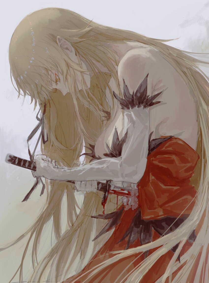 1girl bare_shoulders blonde_hair blood breasts detached_sleeves dress from_side highres kiss-shot_acerola-orion_heart-under-blade kizumonogatari large_breasts long_hair looking_at_object monogatari_(series) oshino_shinobu red_dress seppuku sideboob solo sword taki_(a313131333) weapon yellow_eyes