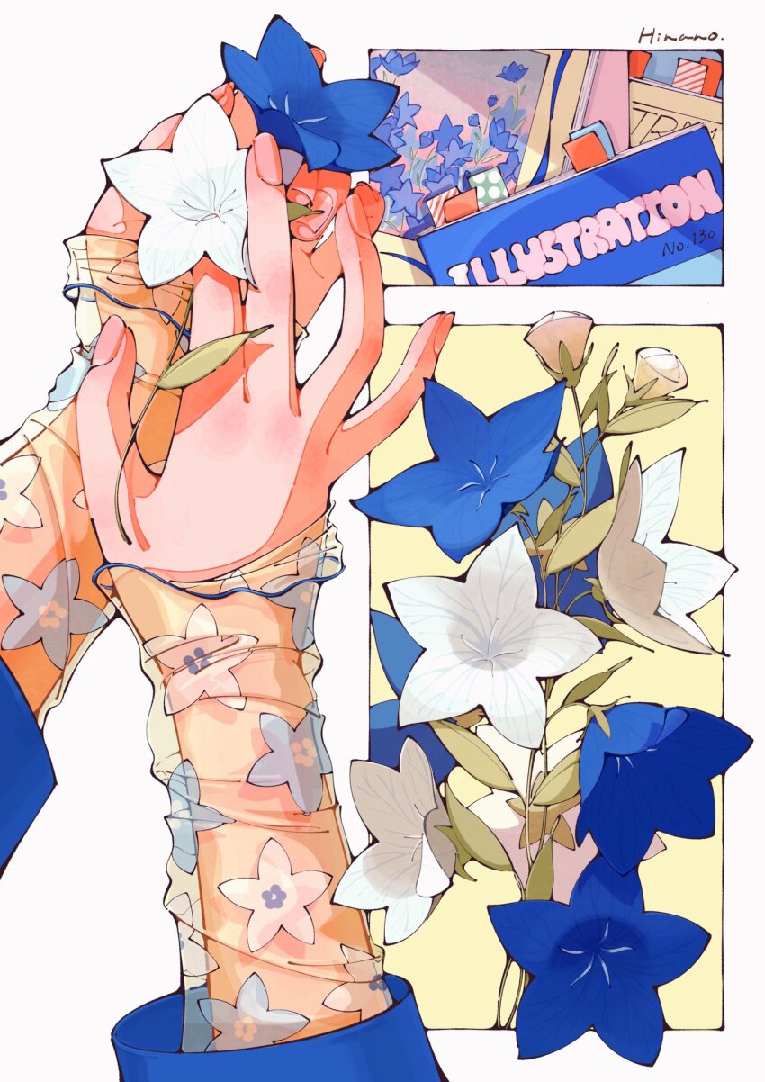 1girl blue_flower bookmark bouquet bud commentary english_commentary fingernails floral_print flower flower_request hand_focus highres holding holding_flower layered_sleeves original own_hands_together see-through_clothes see-through_sleeves shirt signature sketchbook sleeves_past_wrists trym_hinano white_background white_flower yellow_shirt