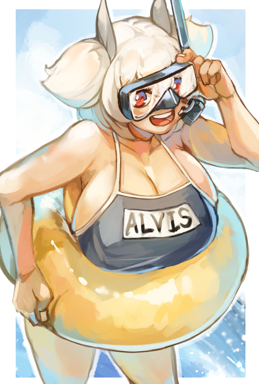 1girl absurdres alvis_(last_origin) breasts character_request cleavage female_focus goggles highres huge_breasts inflatable_toy larribee last_origin legs looking_at_viewer one-piece_swimsuit open_mouth short_hair smile solo standing swimsuit twintails white_hair