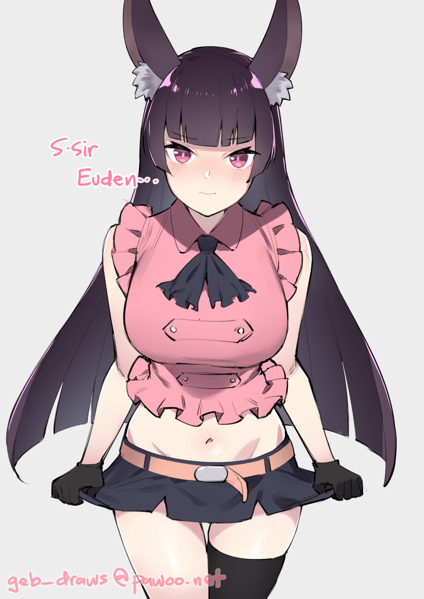 1girl absurdres alternate_costume animal_ear_fluff animal_ears belt black_gloves black_hair black_thighhighs blunt_bangs closed_mouth cosplay dragalia_lost elizabeth_liones elizabeth_liones_(cosplay) ge-b gloves highres linnea_(dragalia_lost) long_hair looking_at_viewer midriff miniskirt nanatsu_no_taizai navel pink_shirt purple_eyes rabbit_ears shirt single_thighhigh skirt skirt_tug sleeveless sleeveless_shirt solo thighhighs