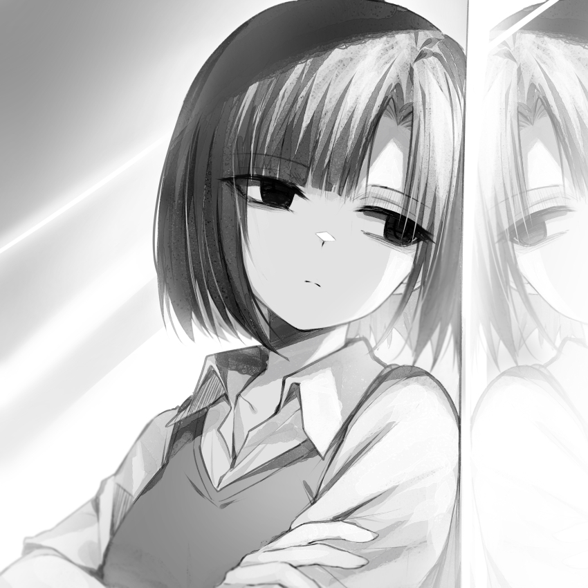 1girl absurdres blunt_bangs breasts crossed_arms eki_doki expressionless greyscale highres medium_breasts monochrome original reflection short_hair solo vest