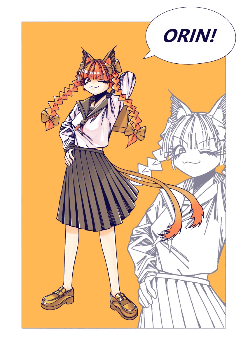 1girl ;3 absurdres alternate_costume animal_ears arm_behind_head black_sailor_collar black_skirt braid brown_shoes cat_ears cat_girl full_body highres kaenbyou_rin miso_konbu neckerchief one_eye_closed orange_background pleated_skirt red_neckerchief sailor_collar shirt shoes side_braids simple_background skirt speech_bubble standing touhou twin_braids white_shirt zoom_layer