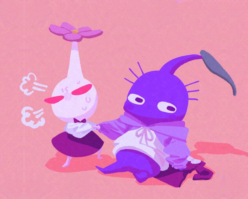 black_eyes bow flower highres hood hoodie leaf long_sleeves nintendo no_humans pikmin_(series) purple_pikmin red_background red_eyes red_skirt simple_background sitting skirt sweat white_pikmin yu_pikmin