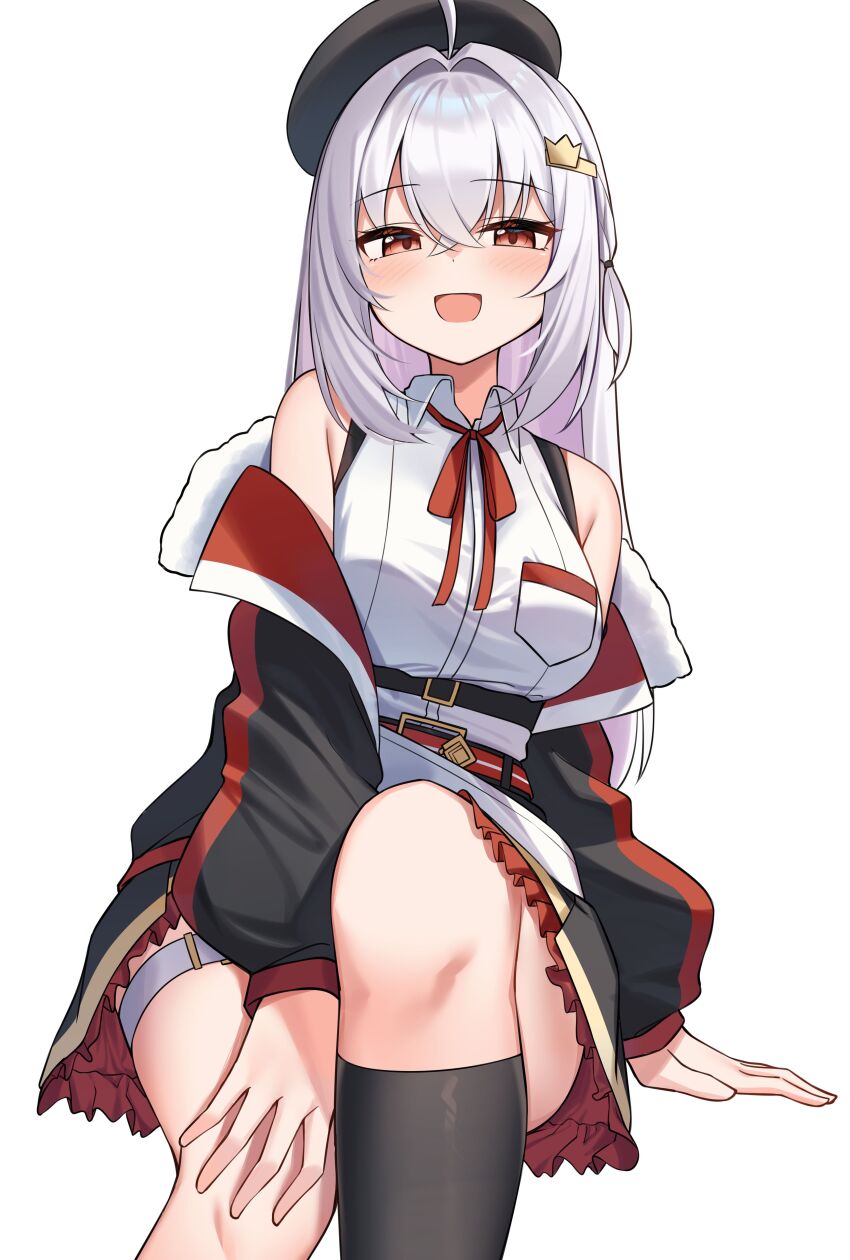 1girl absurdres ahoge bare_shoulders belt black_hat black_jacket black_socks breast_pocket collared_shirt commission hat highres irene_paltrow jacket knee_up kneehighs long_hair looking_at_viewer miniskirt neck_ribbon off_shoulder open_mouth original pocket red_eyes red_skirt ribbon second-party_source shirt simple_background skirt sleeveless sleeveless_shirt smile socks solo thigh_strap white_background white_hair white_shirt ziro_(zirorong)