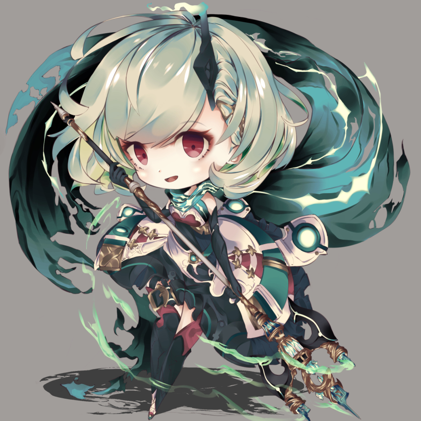 1girl bad_id bad_pixiv_id black_gloves candle chibi dress elbow_gloves fighting_stance gloves green_hair hair_ornament hairclip highres holding holding_weapon little_match_girl_(sinoalice) polearm red_eyes scarf short_hair sinoalice smoke solo thighhighs weapon xxviii_xi zettai_ryouiki