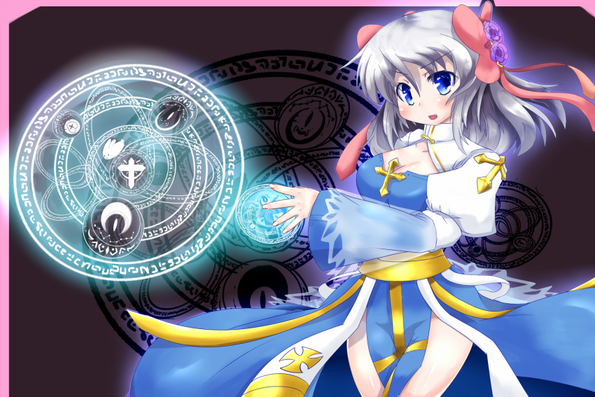 1girl arch_bishop_(ragnarok_online) blue_dress blue_eyes bow breasts cleavage cleavage_cutout clothing_cutout commentary_request cowboy_shot cross dress flower grey_hair guuya hair_bow hair_flower hair_ornament juliet_sleeves long_hair long_sleeves looking_at_viewer magic_circle open_mouth pink_bow puffy_sleeves purple_flower ragnarok_online sash smile solo two-tone_dress v-shaped_eyebrows white_dress yellow_sash