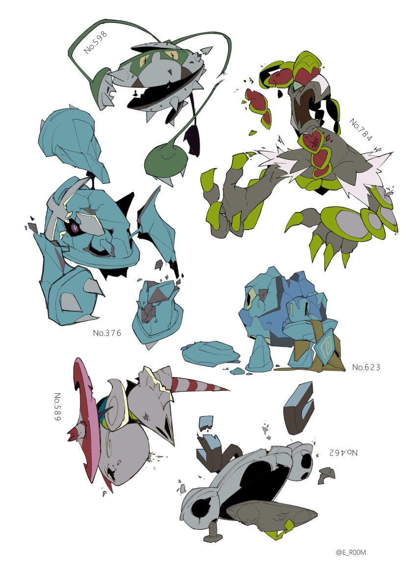 0_ici_0 absurdres broken escavalier ferrothorn gen_3_pokemon gen_4_pokemon gen_5_pokemon gen_7_pokemon golett highres kommo-o magnezone metagross monster nintendo pokemon pokemon_(creature) white_background