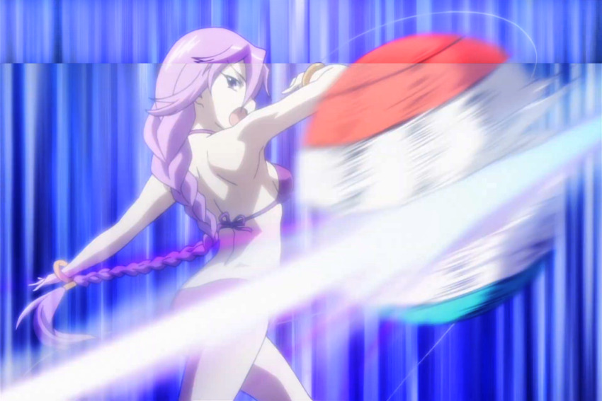 1girl ass attack bikini braid braided_ponytail breasts carnival_phantasm highres large_breasts legs long_hair looking_at_viewer melty_blood open_mouth purple_bikini purple_eyes purple_hair serious sideboob sion_eltnam_(type-moon) sion_eltnam_atlasia slashing solo stitched swimsuit thighs third-party_edit tongue tsukihime very_long_hair volleyball