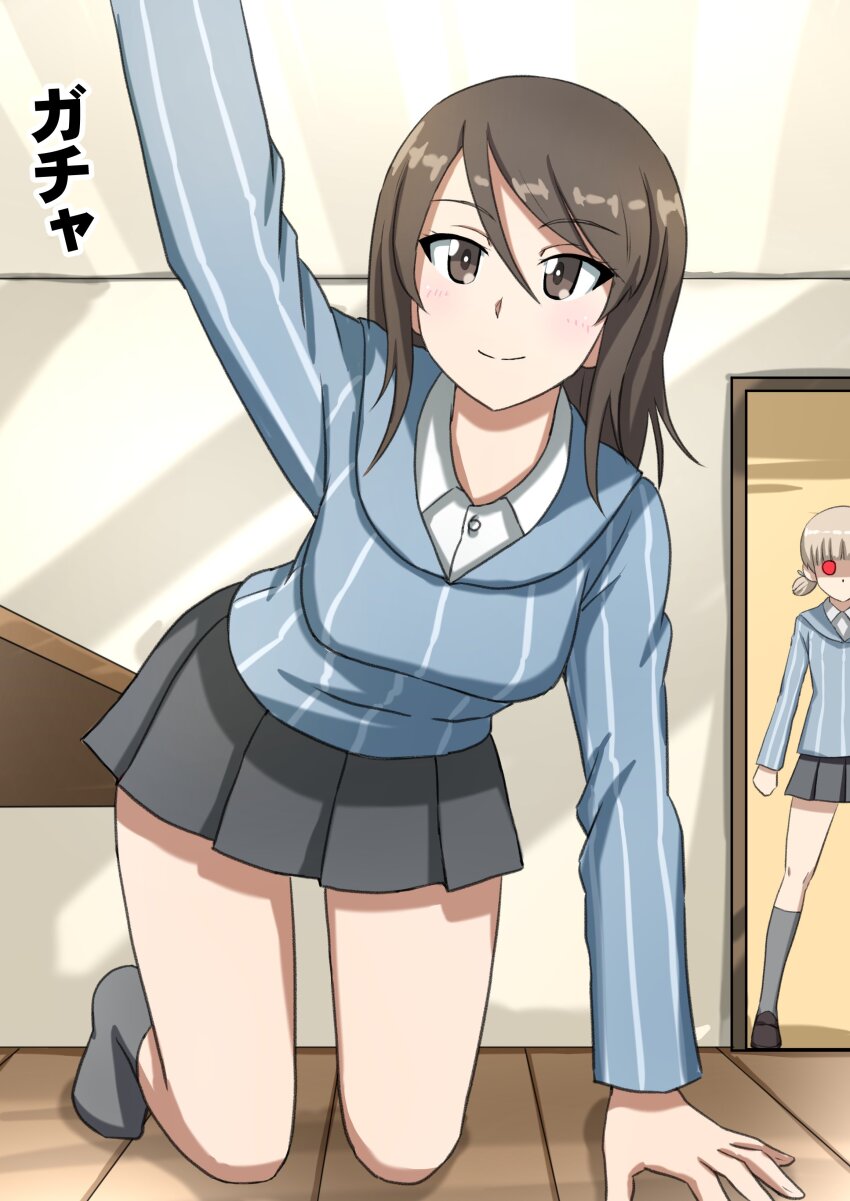 2girls absurdres aki_(girls_und_panzer) angry blue_sweater breasts brown_eyes brown_hair brown_shoes brown_socks clenched_hand collared_shirt commentary_request girls_und_panzer glowing glowing_eyes grey_hair grey_skirt hand_on_ground highres indoors keizoku_school_uniform kitchen kneehighs kneeling leaning_forward long_hair mika_(girls_und_panzer) miniskirt multiple_girls omachi_(slabco) outstretched_arm pleated_skirt pov red_eyes school_uniform shirt shoes short_hair short_twintails skirt smile socks standing sweater table translation_request twintails vertical-striped_sweater white_shirt wooden_floor wooden_table